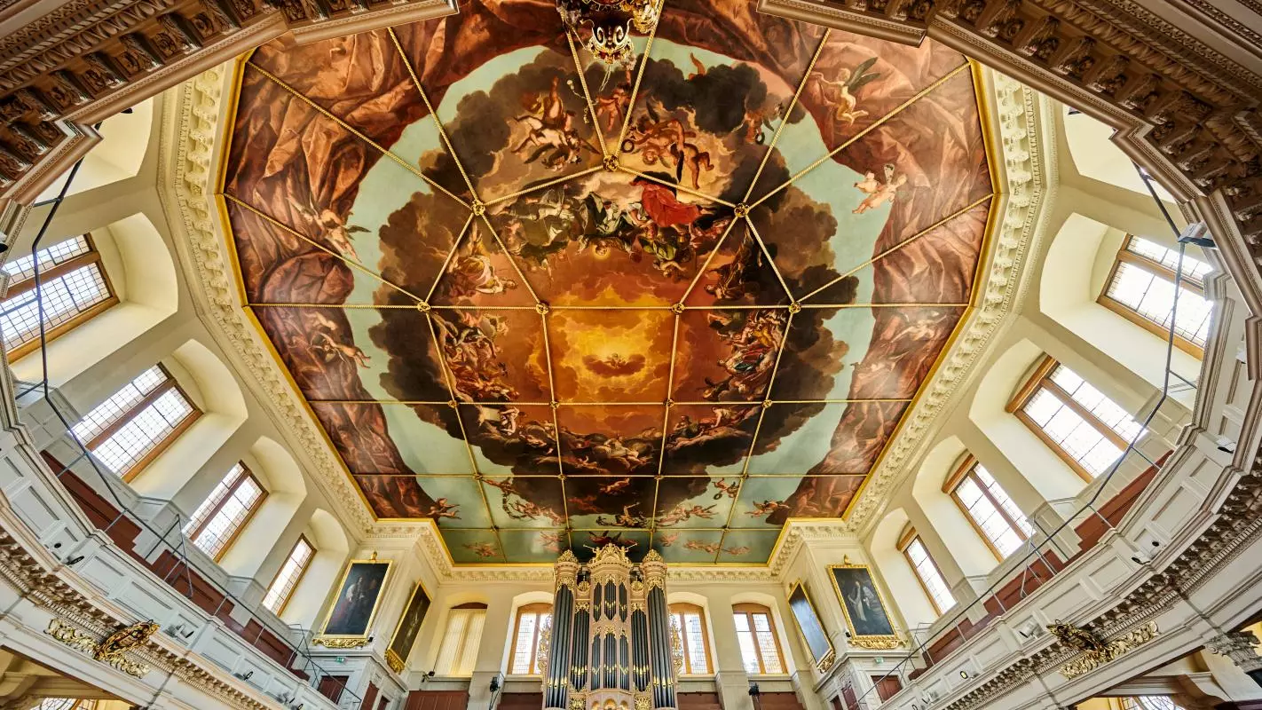 The 32-Panel oil painted ceiling in the Sheldonian Theatre's Auditorium