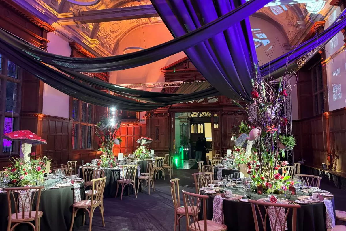The Examination Schools dressed for an Alice in Wonderland themed dinner
