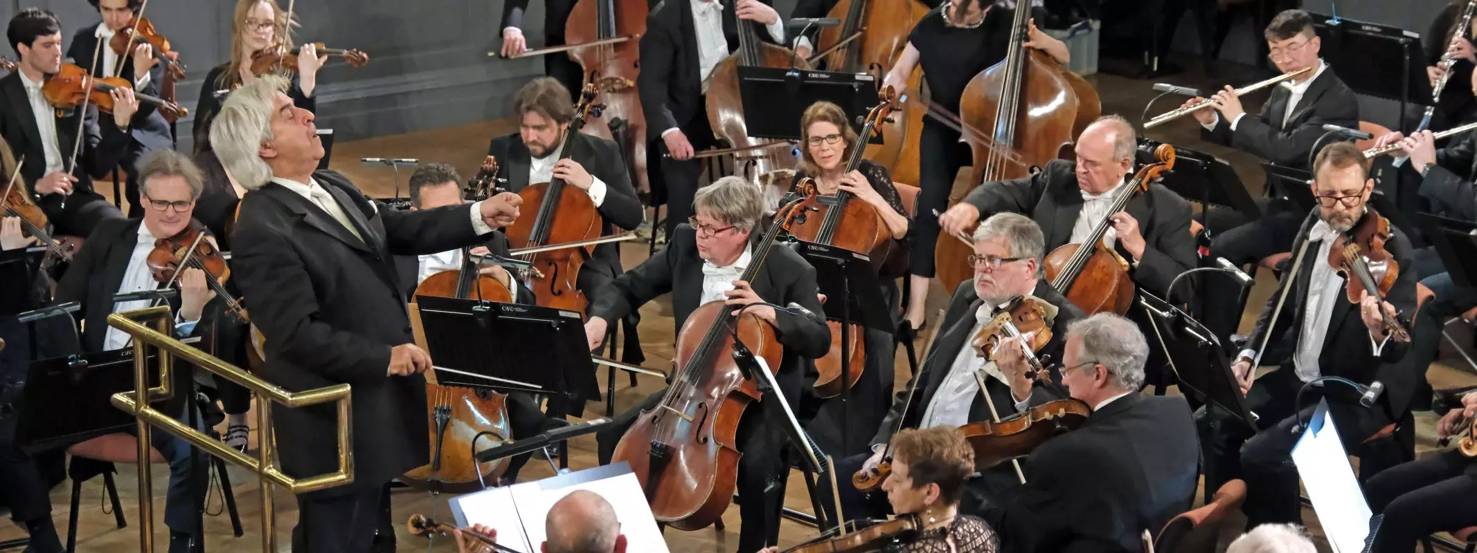 The conductor of the Oxford Philharmonic Orchestra directing the musicians at the front and centre of the auditorium
